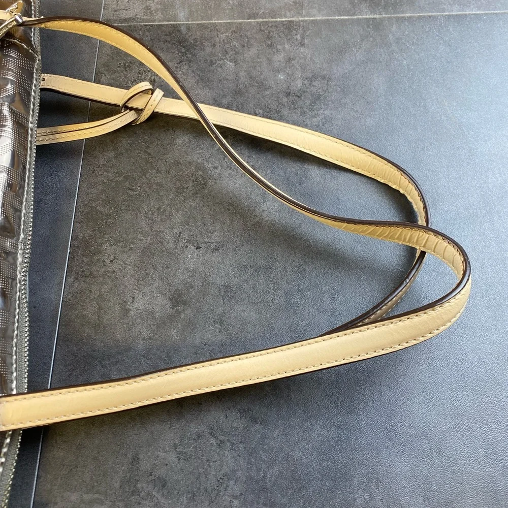 Michael Kors Jey Set Logo Metallic Shiny Silver‎ Tote with Tan Handles